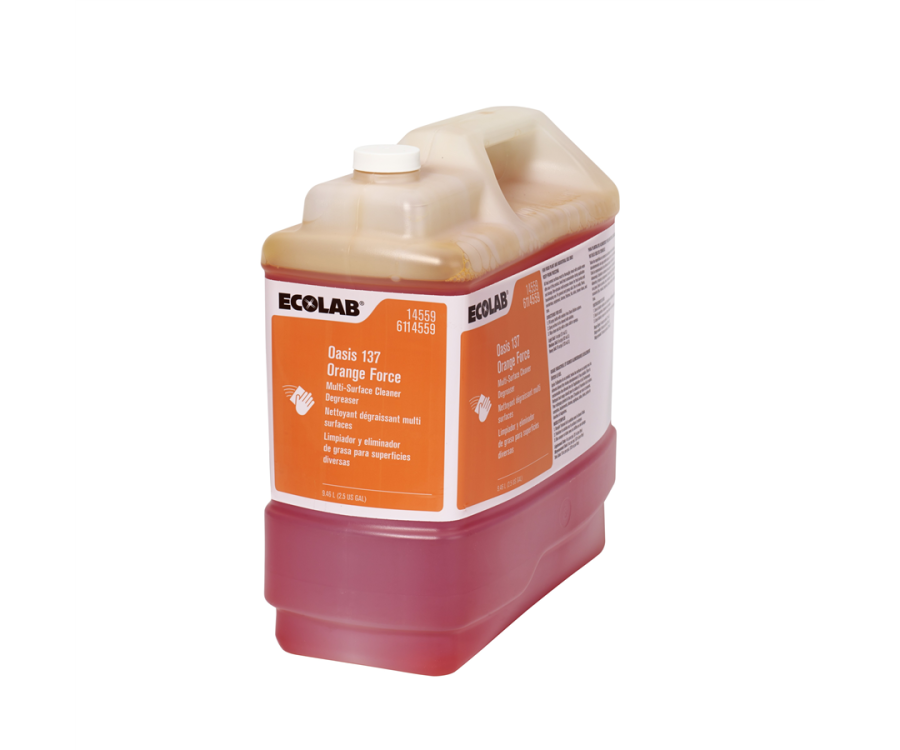 A large plastic container with an orange label filled with liquid cleaning solution, featuring a handle and white cap. Ecolab® Oasis 137 Orange Oasis 137 Orange Force Multi Surface Cleaner Degreaser (2.5 Gal.)